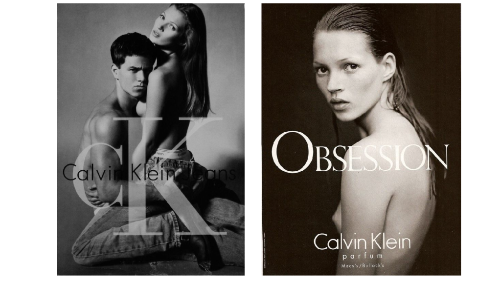 duas fotos de kate moss em campanha para a calvin klein. na primeira, kate está no colo de um modelo forte, ambos usam apenas jeans. na segunda, kate está de costas olhando para trás, também nua, em primeiro plano escrito "obsession",