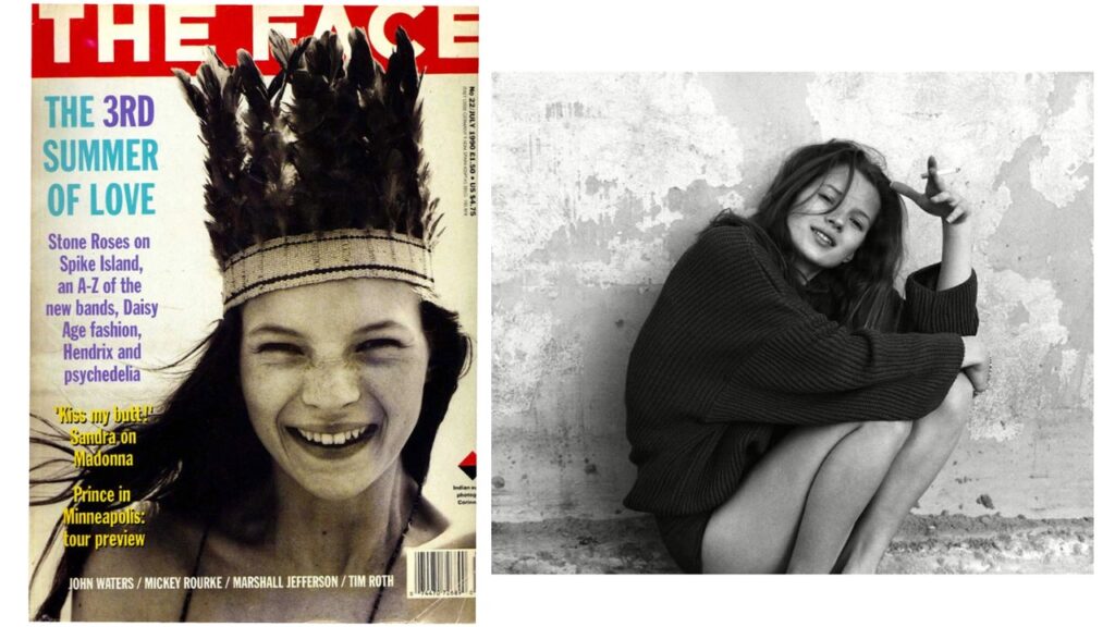 Duas fotos de Kate Moss lado a lado. Na primeira, Kate está na capa da revista The Face, sorri e usa cocar. Na segunda, Kate está sentada apoiada em um muro, de moletom preto e segurando um cigarro.